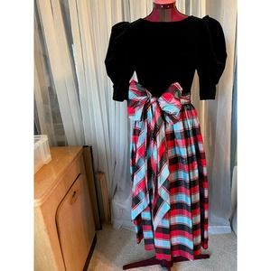 Vintage Party Dress | black velvet taffeta plaid red blue holiday checkered